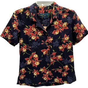 Island Traders Hawaiian Shirt Blouse Multicolor Rayon Floral Short Sleeve Size S